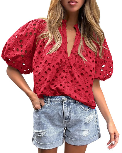PRETTYGARDEN Womens Tops Boho Eyelet Puff Sleeve Blouse