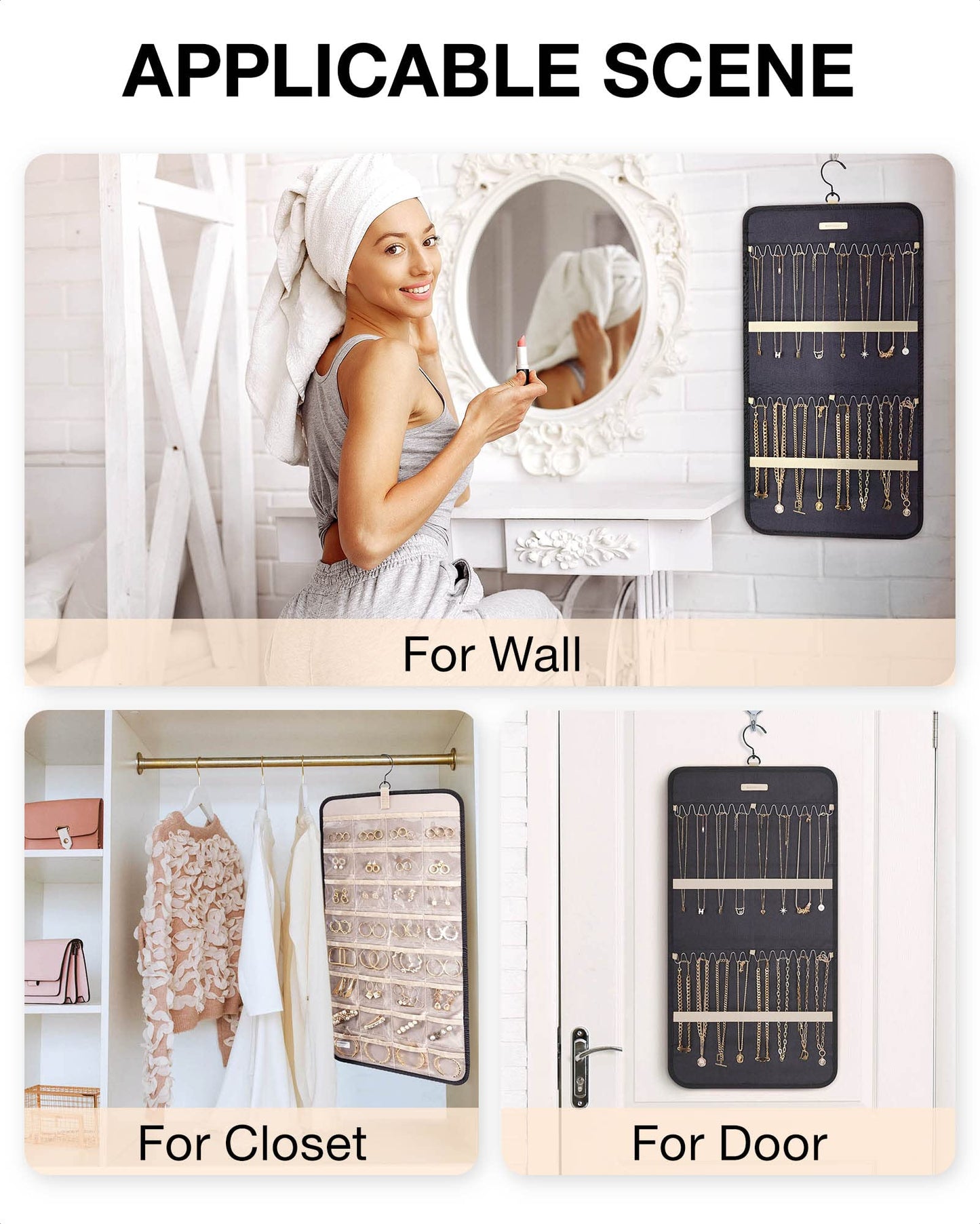 BAGSMART Hanging Jewelry Organizer Storage Roll with Hanger Metal Hooks Double-Sided Jewelry Holder for Earrings, Necklaces, Rings on Closet, Wall, Door, 1 piece, Medium, Pink