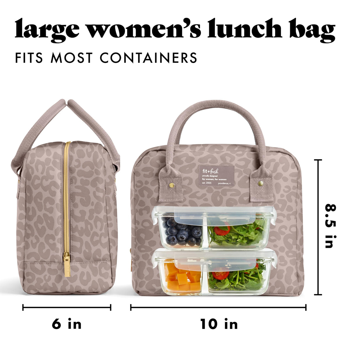 Fit & Fresh Bloomington Lunch Bag for Women - Insulated Large Lunch Box for Work with Containers, Leak-Resistant, Stain-Resistant, Zipper Closure, Cheetah