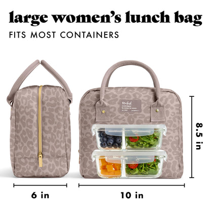 Fit & Fresh Bloomington Lunch Bag for Women - Insulated Large Lunch Box for Work with Containers, Leak-Resistant, Stain-Resistant, Zipper Closure, Cheetah