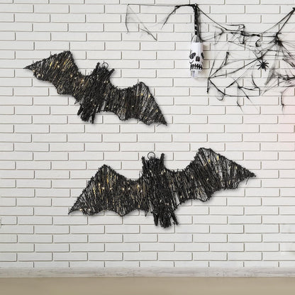 Glooglitter 2 Pack Rattan Bats with Hanging Loops Halloween Lights 3D Lit Woven Bats with Timer Remote for Rustic Modern Farmhouse Decorations