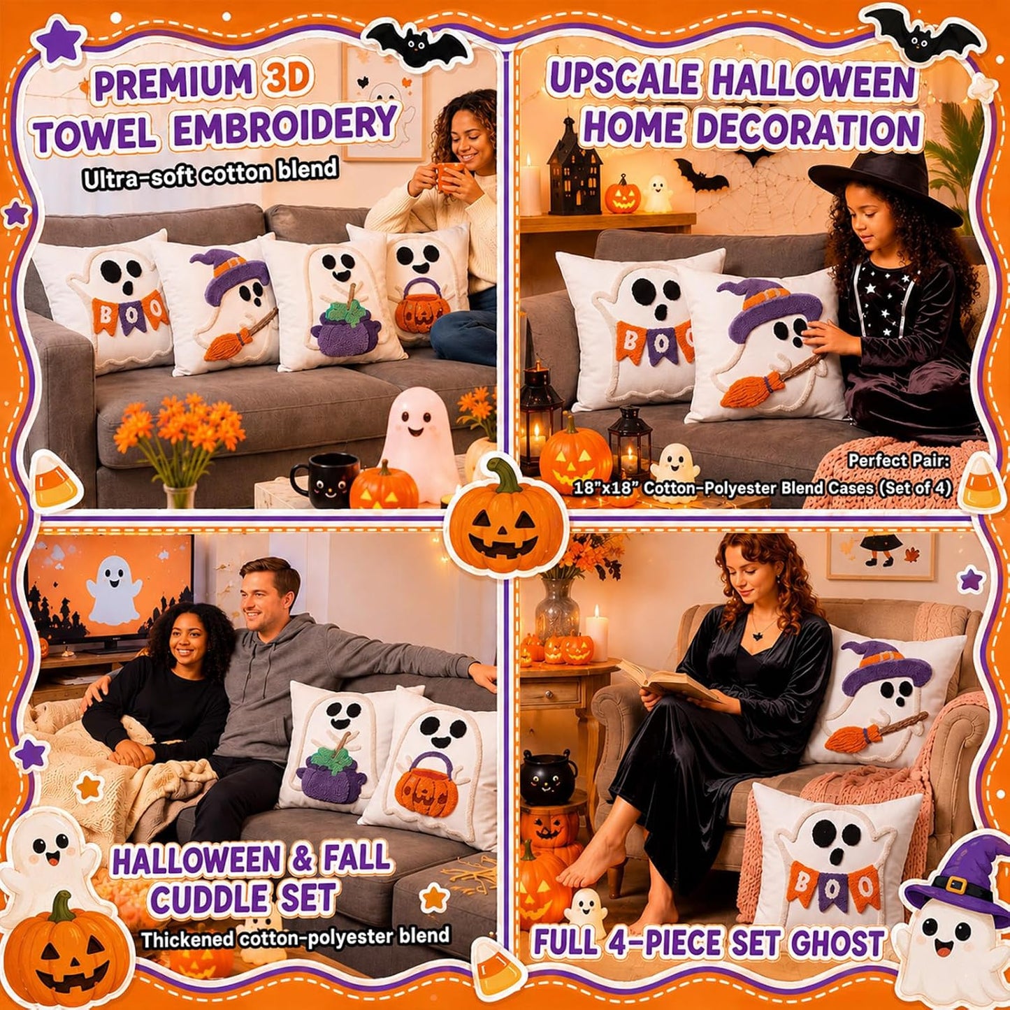 Irenare 4 Pcs 18 x 18 Inch Halloween Throw Pillow Covers Cute Ghost Witch Crochet Pillowcase Boo Embroidered Cushion Gift for Halloween Farmhouse Couch Sofa Home Decor