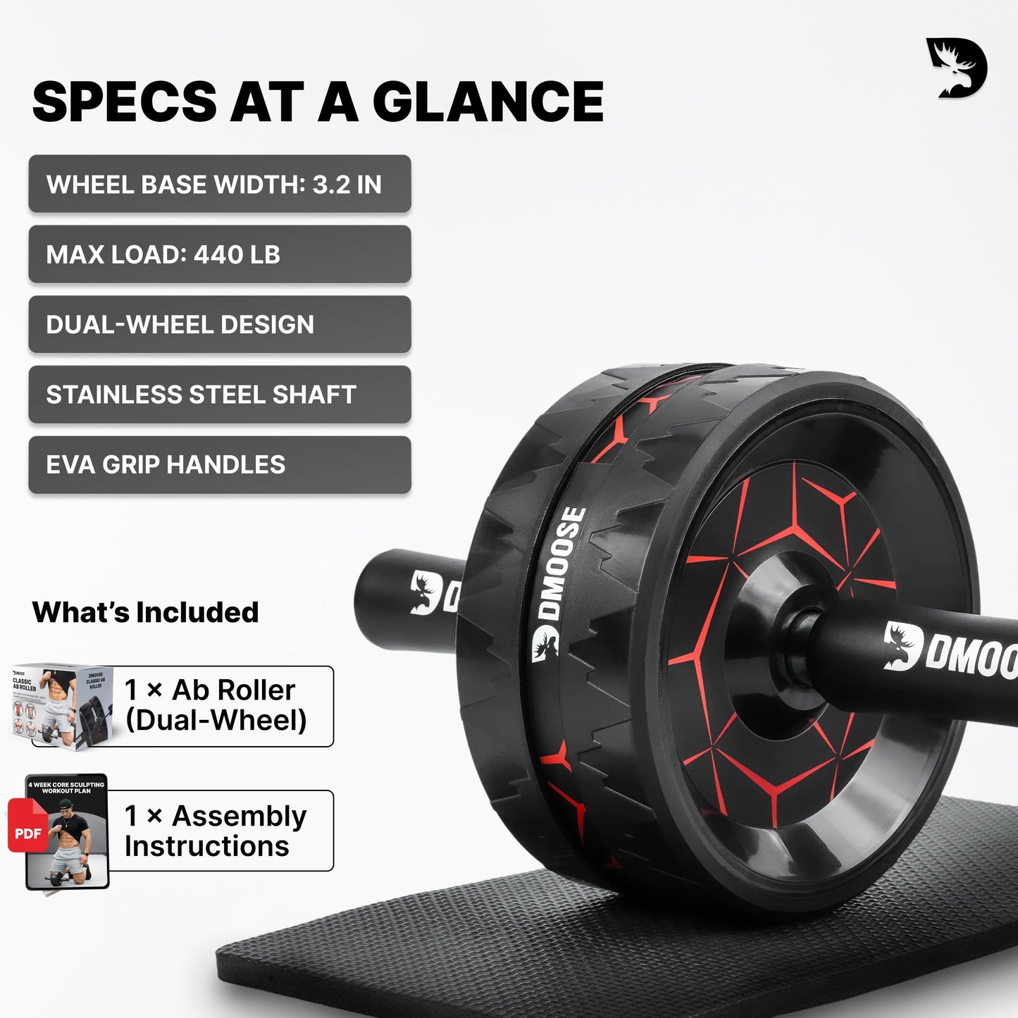 DMoose Fitness Ab Roller Wheel with Elbow Support & 2 Knee Pads - Abdominal Exercise Trainer for Core Strength Training - Ultimate Abs Workout Equipment for Home and Gym - Ab Machine for Men & Women