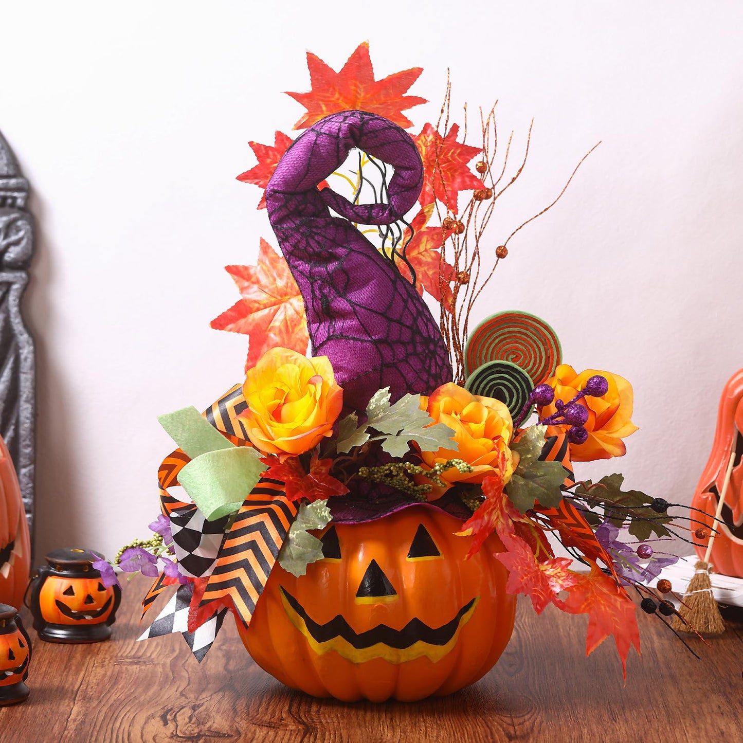 Daifunli Halloween Table Centerpieces Decorations Witch Boot and Pumpkin Artificial Flowers Halloween Tabletop Decorations for Home Kitchen Indoor Haunted Party Decoration 12x17 Inch