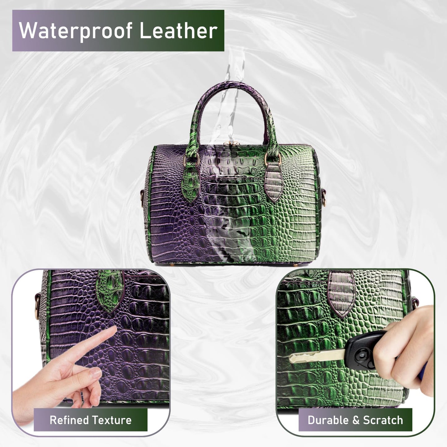 Makcr Joacbv Crocodile Handbag for Women Top Handle Leather Shoulder Purse | Glossy crocodile-embossed vegan leather with rolled handles, buckle details, a structured dome shape, and adjustable strap.