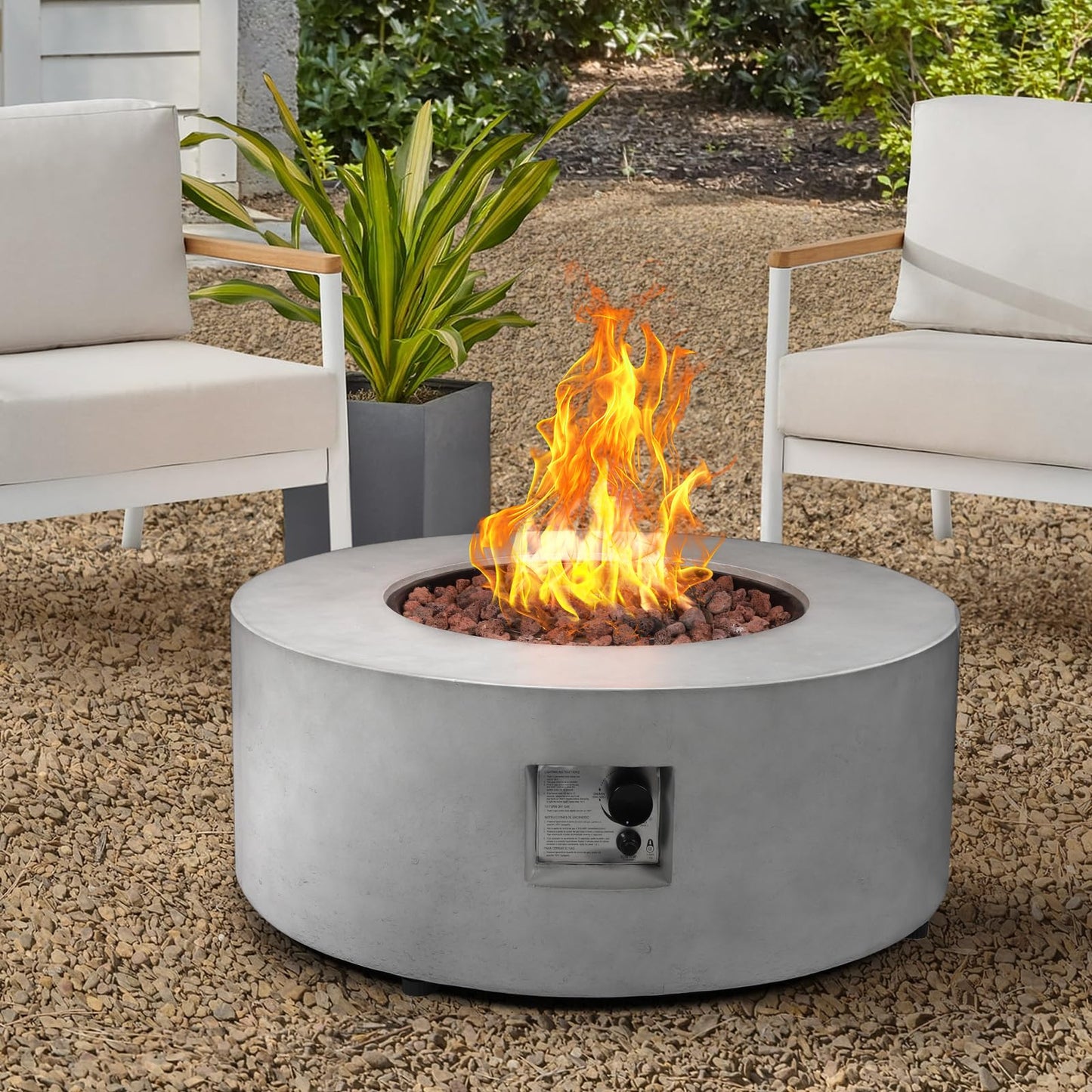 31.5 Inch Round Propane Fire Pit Table - Concrete Round Fire Bowl 50,000 BTU Natural Gas Firepit Burner with Steel Lid, Lava Rocks, Waterproof Cover for Outside Patio, Backyard, Party