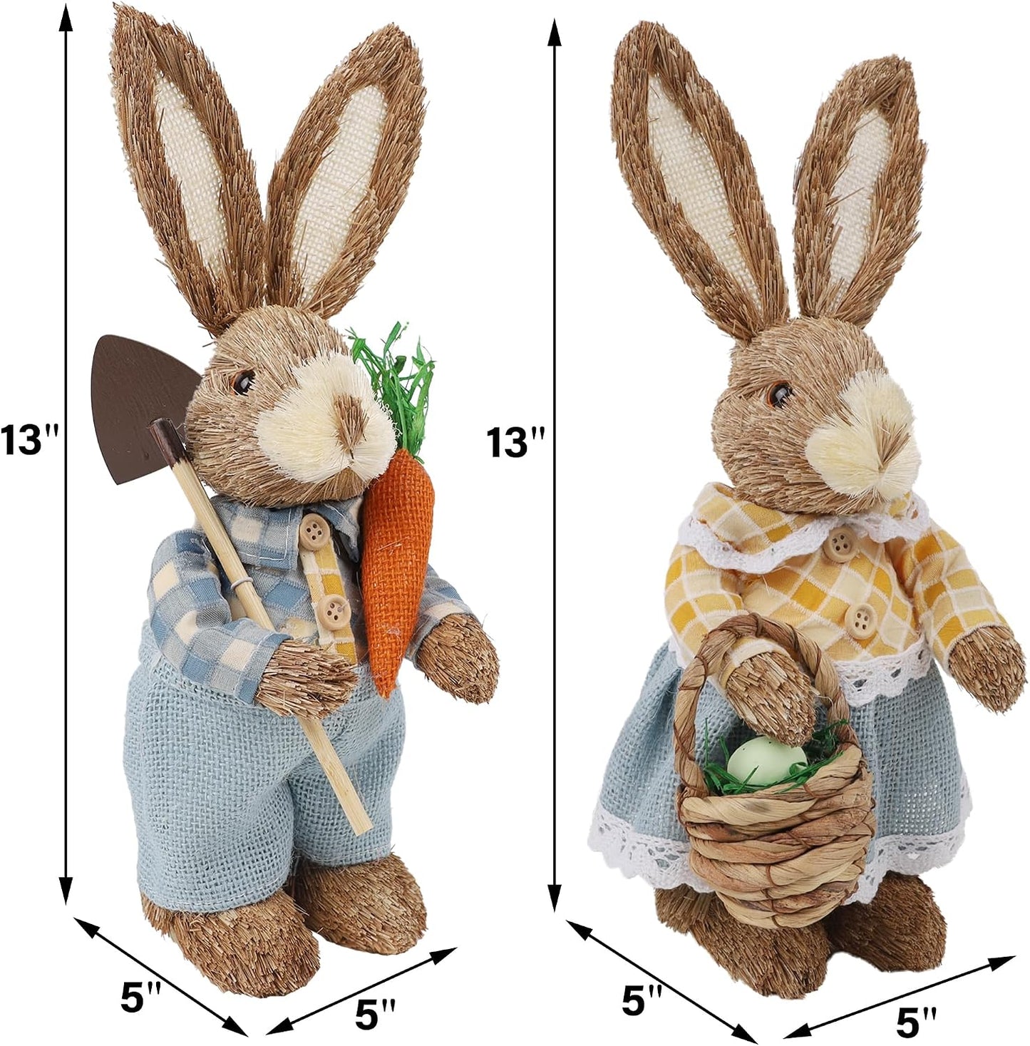 DR.DUDU Set of 2 Easter Decorations 13" Bunny Figurines Tabletop Spring Decor, Rustic Straw Bunny Couple with Carrot, Sisal Rabbit Statues Ornaments for Table Home Office Kitchen Farmhouse