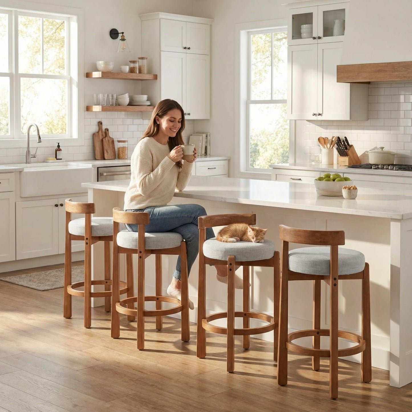 LukeAlon Mid Century Linen Counter Stools Set of 4, Upholstered 26.5” Seat Height Low Barstools with Natural Wood Legs Round Low Back Kitchen Stools with Footrest for Dining Room, Beige