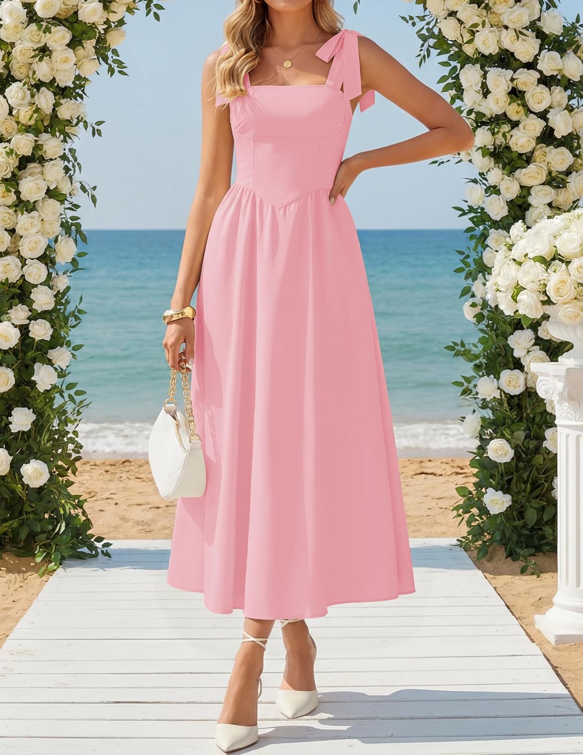 ZESICA Women's Summer Tie Shoulder Wedding Guest Maxi Dress