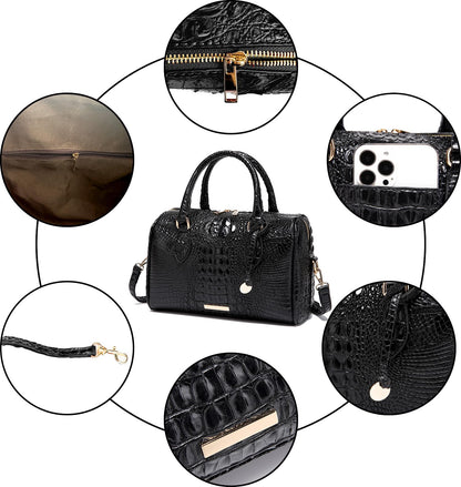 Makcr Joacbv Crocodile Handbag for Women Top Handle Leather Shoulder Purse | Glossy crocodile-embossed vegan leather with rolled handles, buckle details, a structured dome shape, and adjustable strap.