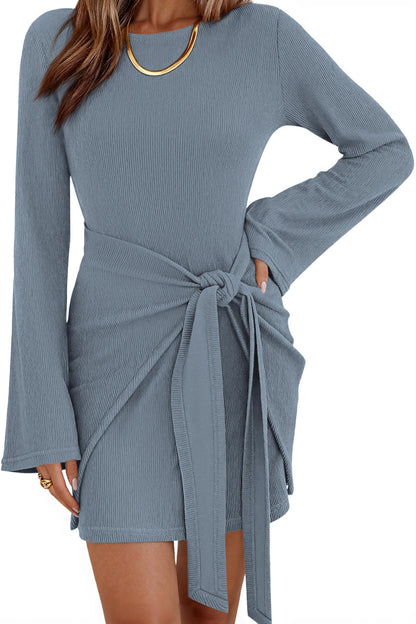 dowerme Women Bell Long Sleeve Tie Waist Bodycon Mini Dress