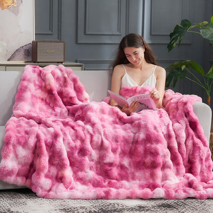 Cozy Bliss Faux Fur Throw Blanket for Couch, Fuzzy Soft Plush Thick Bubble Blanket for Sofa Bedroom Living Room, 50 * 60 Inches Tie Dye Pink