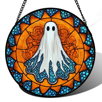 Stained Glass Window Hanging - Halloween Red White Scary Pumpkin Suncatcher for Doors Garden Home Spooky Rattan Sun Catchers Gothic Decor Horror Gifts for Women Men Friend Boy Girl 15 in
