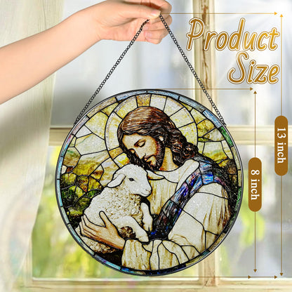 8-Inch Jesus with Cardinals Suncatcher Ornament, Stained Glass Window Hanging & Religious Christmas Ornament, Christian Window Decor — Memorial Gift, Christian Gifts for Her, Religious Gifts