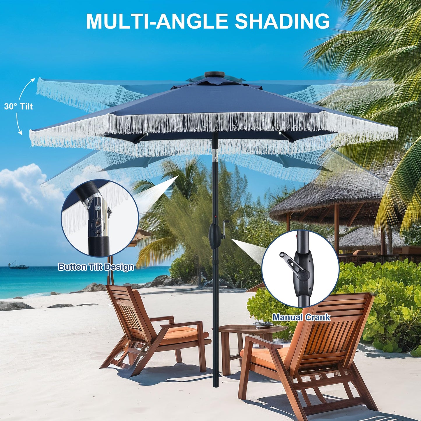 GDY 7.5ft Tassel Patio Umbrella and Matching Base, Outdoor Table Umbrella with 18 LED Lights,Market Umbrella with 6 Sturdy Ribs, with Push Button Tilt and Crank, Bright White
