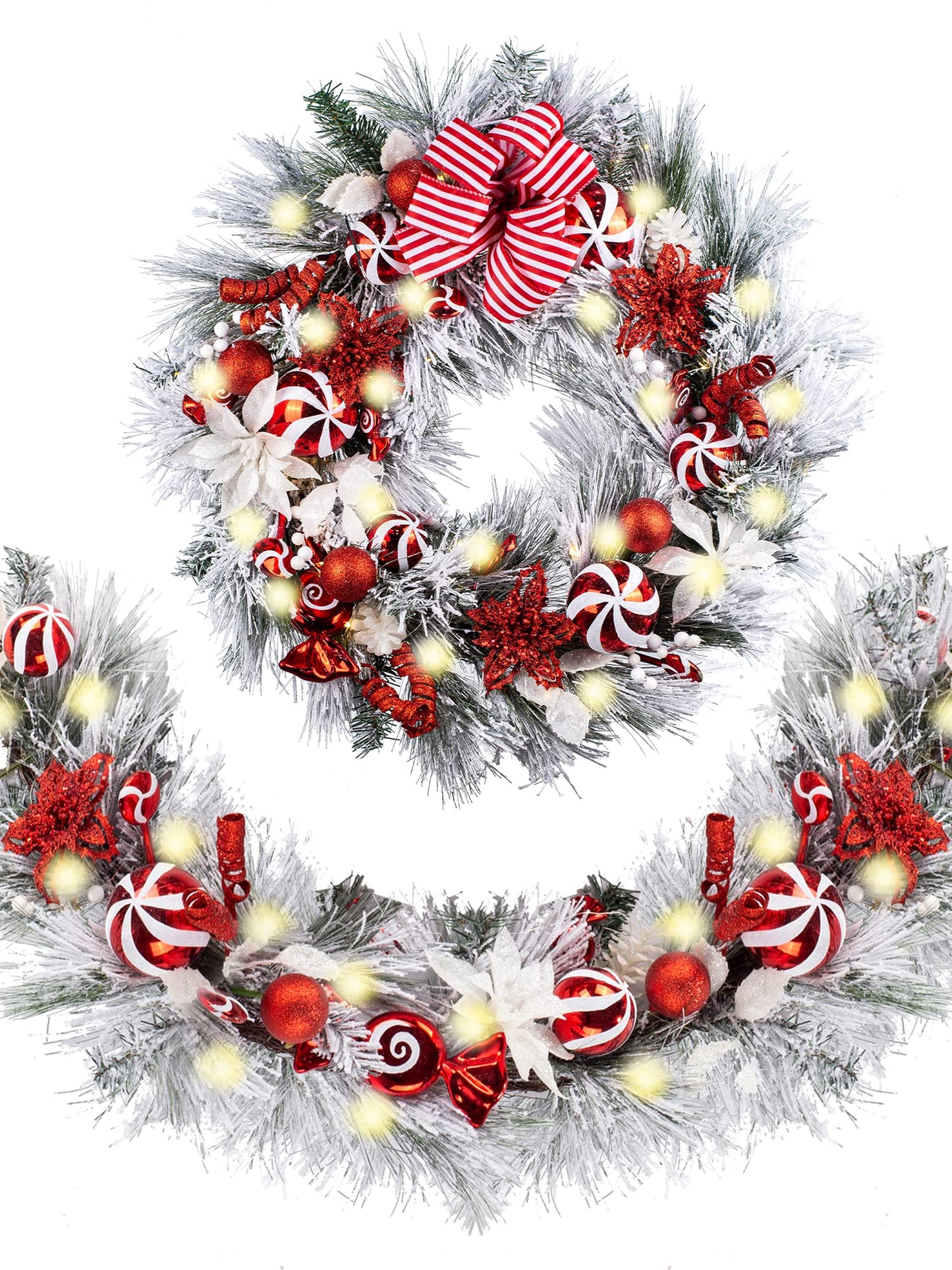WANNA-CUL Pre-lit 9Feet /108 Inch Christmas Garland with Lights for Front Door, Red Gold Ligthed Christmas Mantel Garland Decoration with Ball Ornaments, Battery Operated 50 LED
