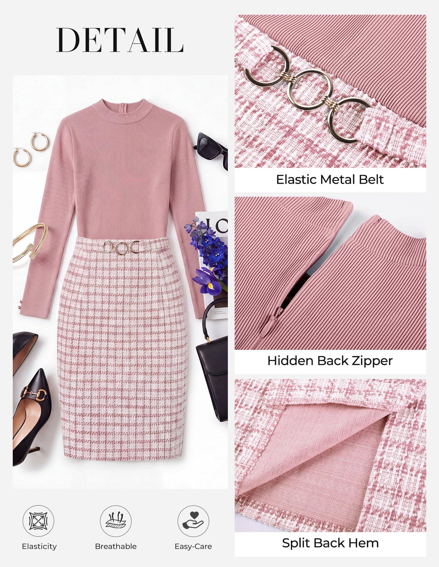 GRACE KARIN Women Long Sleeve Work Business Pencil Tweed Dress