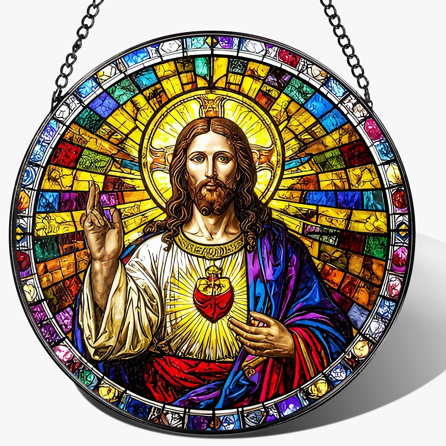 8-Inch Jesus with Cardinals Suncatcher Ornament, Stained Glass Window Hanging & Religious Christmas Ornament, Christian Window Decor — Memorial Gift, Christian Gifts for Her, Religious Gifts