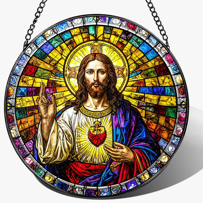 8-Inch Jesus with Cardinals Suncatcher Ornament, Stained Glass Window Hanging & Religious Christmas Ornament, Christian Window Decor — Memorial Gift, Christian Gifts for Her, Religious Gifts