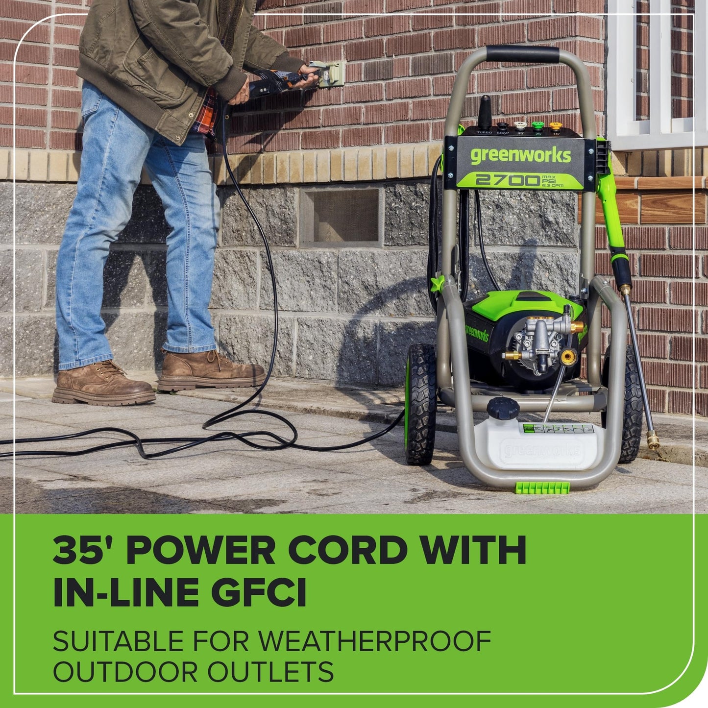 Greenworks 3000 PSI (2.0 GPM Max) Brushless Electric Pressure Washer (15°, 25°, 40°, Turbo and Soap Nozzle) for Use On Decks, Fences, Driveways, Sidewalks, Siding & More. Heavy-Duty