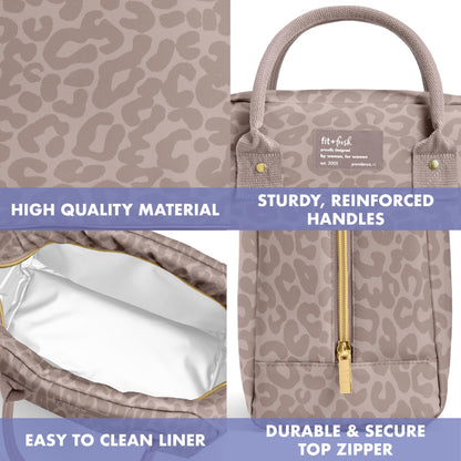 Fit & Fresh Bloomington Lunch Bag for Women - Insulated Large Lunch Box for Work with Containers, Leak-Resistant, Stain-Resistant, Zipper Closure, Cheetah