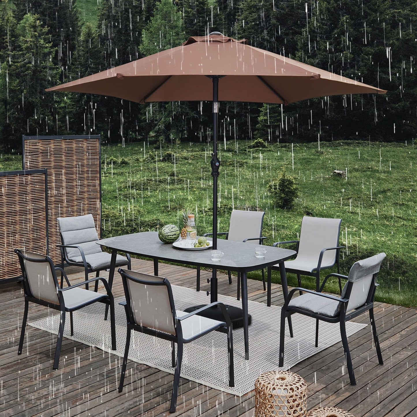 GDY 7.5ft Tassel Patio Umbrella and Matching Base, Outdoor Table Umbrella with 18 LED Lights,Market Umbrella with 6 Sturdy Ribs, with Push Button Tilt and Crank, Bright White
