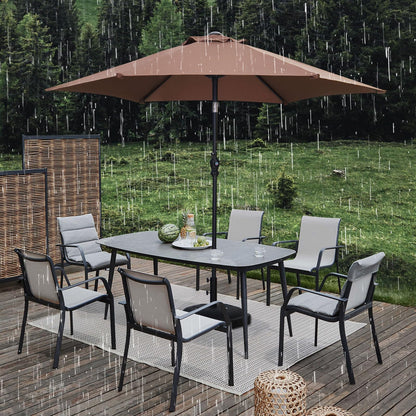 GDY 7.5ft Tassel Patio Umbrella and Matching Base, Outdoor Table Umbrella with 18 LED Lights,Market Umbrella with 6 Sturdy Ribs, with Push Button Tilt and Crank, Bright White