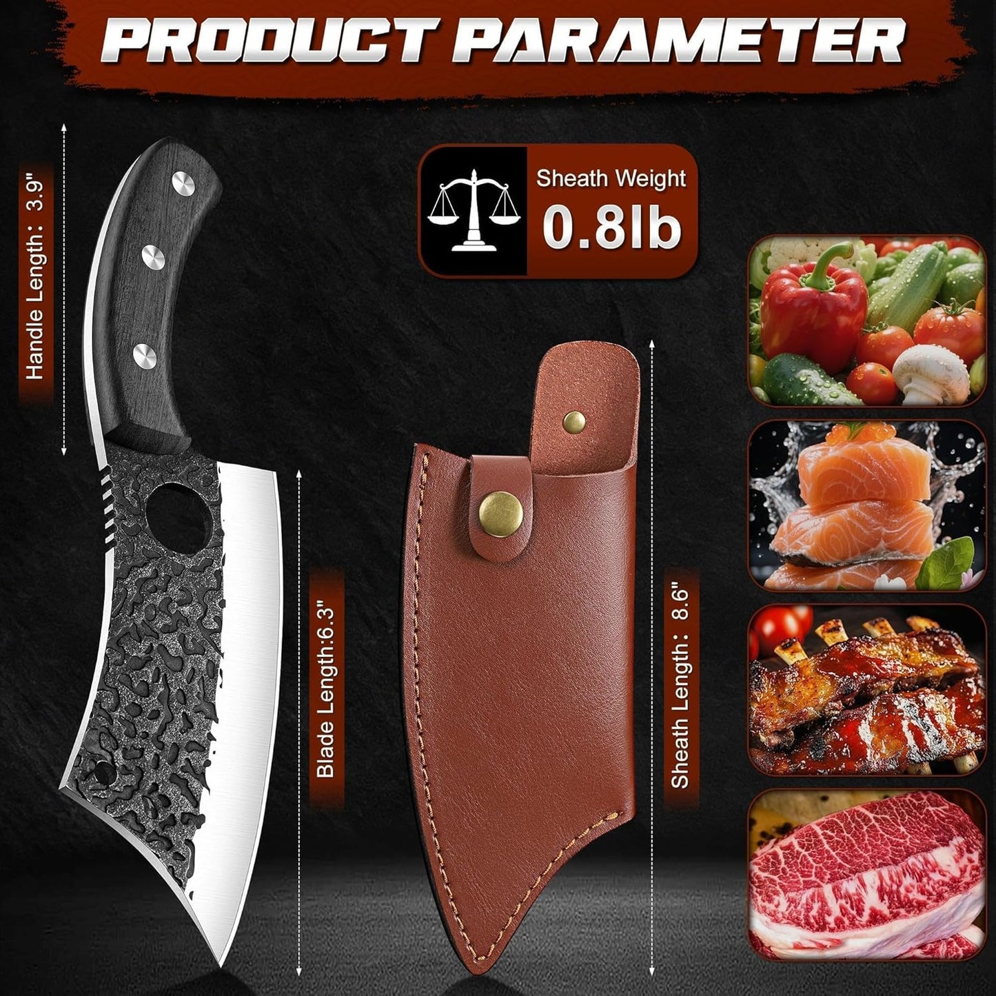 ROCOCO Viking Cleaver Knife Birthday - Kitchen Axe & Sheath Father Gift Men | Hand Forged High Carbon Steel Butcher Meat Cutting Boning Knife for Home Outdoor BBQ Camping Chirstmas Mother