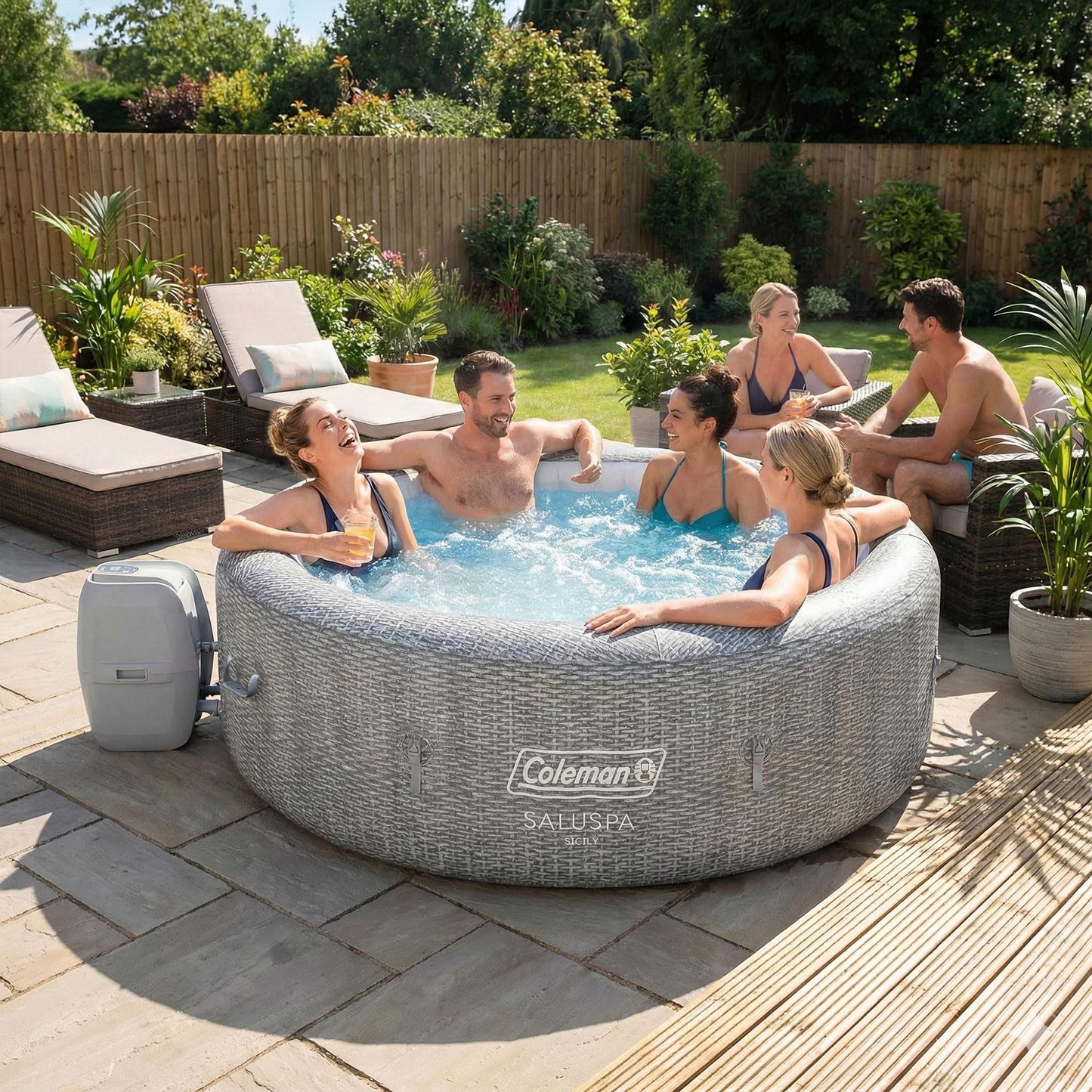 Coleman Sicily 5 to 7 Person Inflatable Hot Tub, Round Portable Outdoor Spa with 180 AirJets and EnergySense Cover, Grey, 85" x 28"