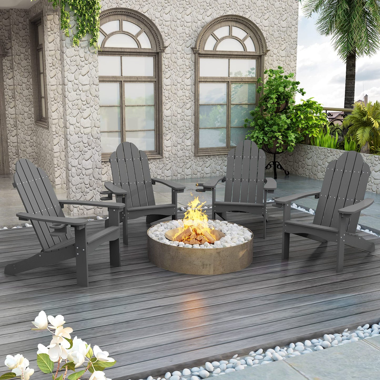LUE BONA HDPS Adirondack Chairs Set, Fire Pit Outdoor Chair Weather Resistant with Cup Holder, Modern Plastic Chair Plastic for Patio, Deck, Proch, 350LBS, 4 Set, Dark Brown