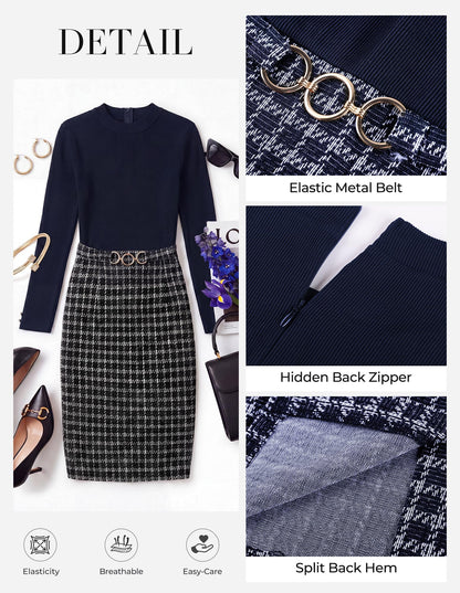 GRACE KARIN Women Long Sleeve Work Business Pencil Tweed Dress