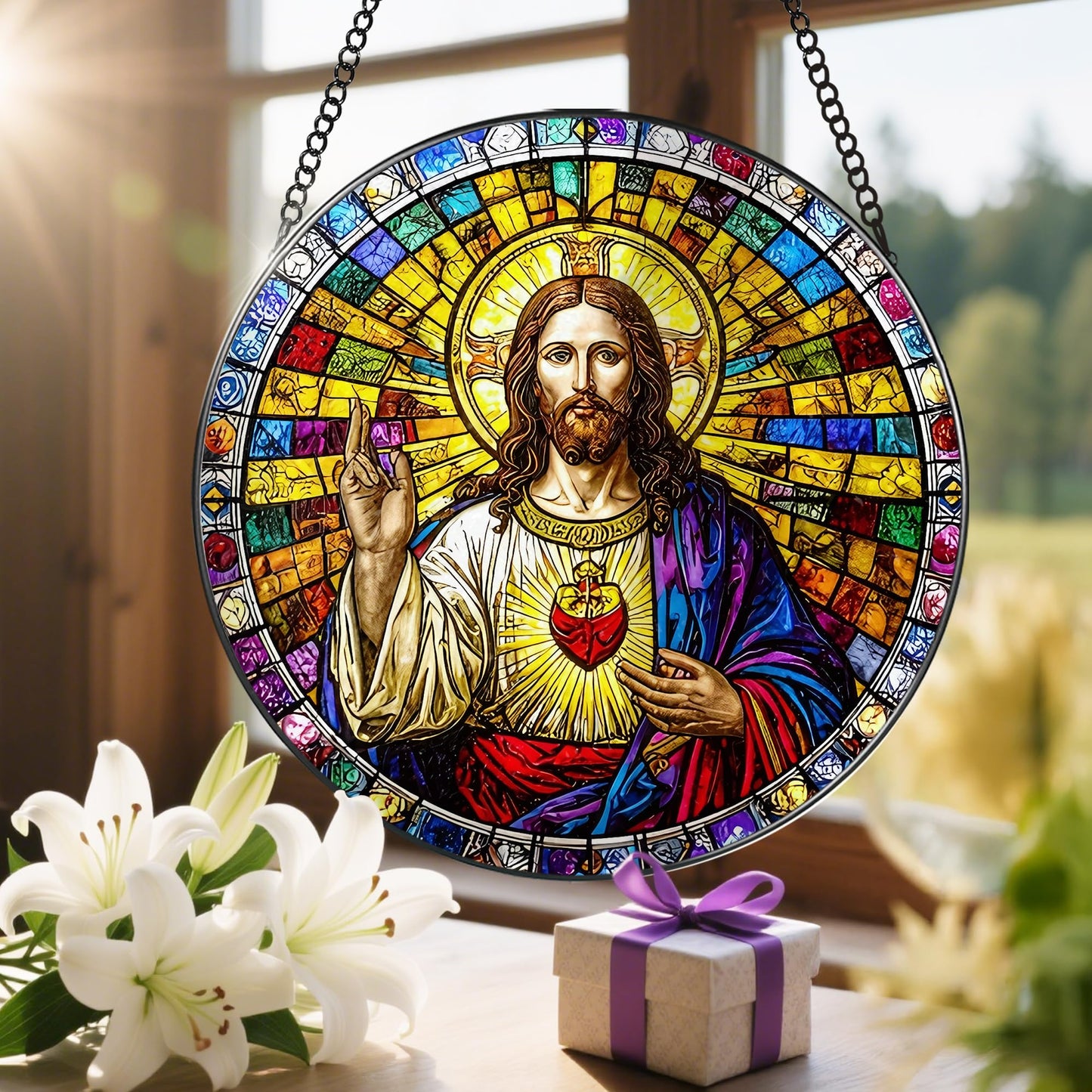 8-Inch Jesus with Cardinals Suncatcher Ornament, Stained Glass Window Hanging & Religious Christmas Ornament, Christian Window Decor — Memorial Gift, Christian Gifts for Her, Religious Gifts