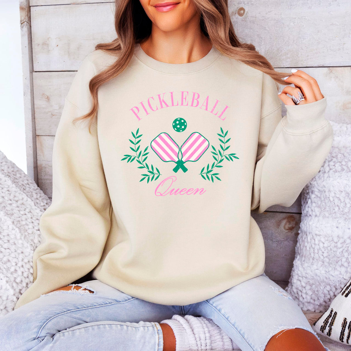 Olive Loves Apple Pickleball Queen Sweatshirt for Women and Teens Cozy Pickleball-Inspired Pullover