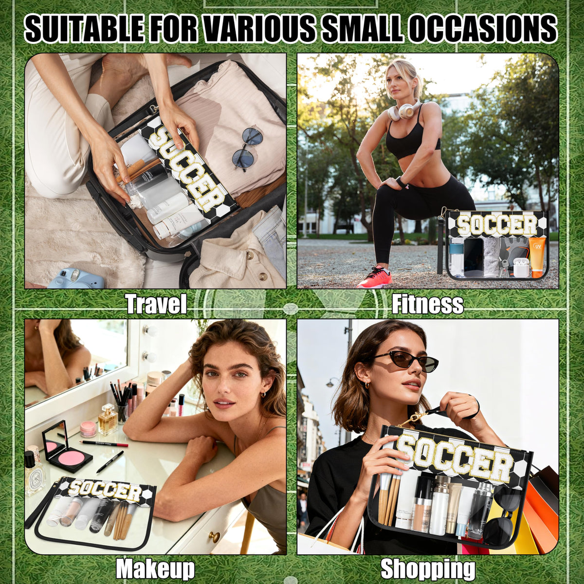 BuyCard Soccer Gift Makeup Bag with Chenille Letter Patch, Clear Cosmetic Pouch PVC Organizer Purse, Waterproof Travel Bag, Portable Toiletry Storage Bag for Her Friends