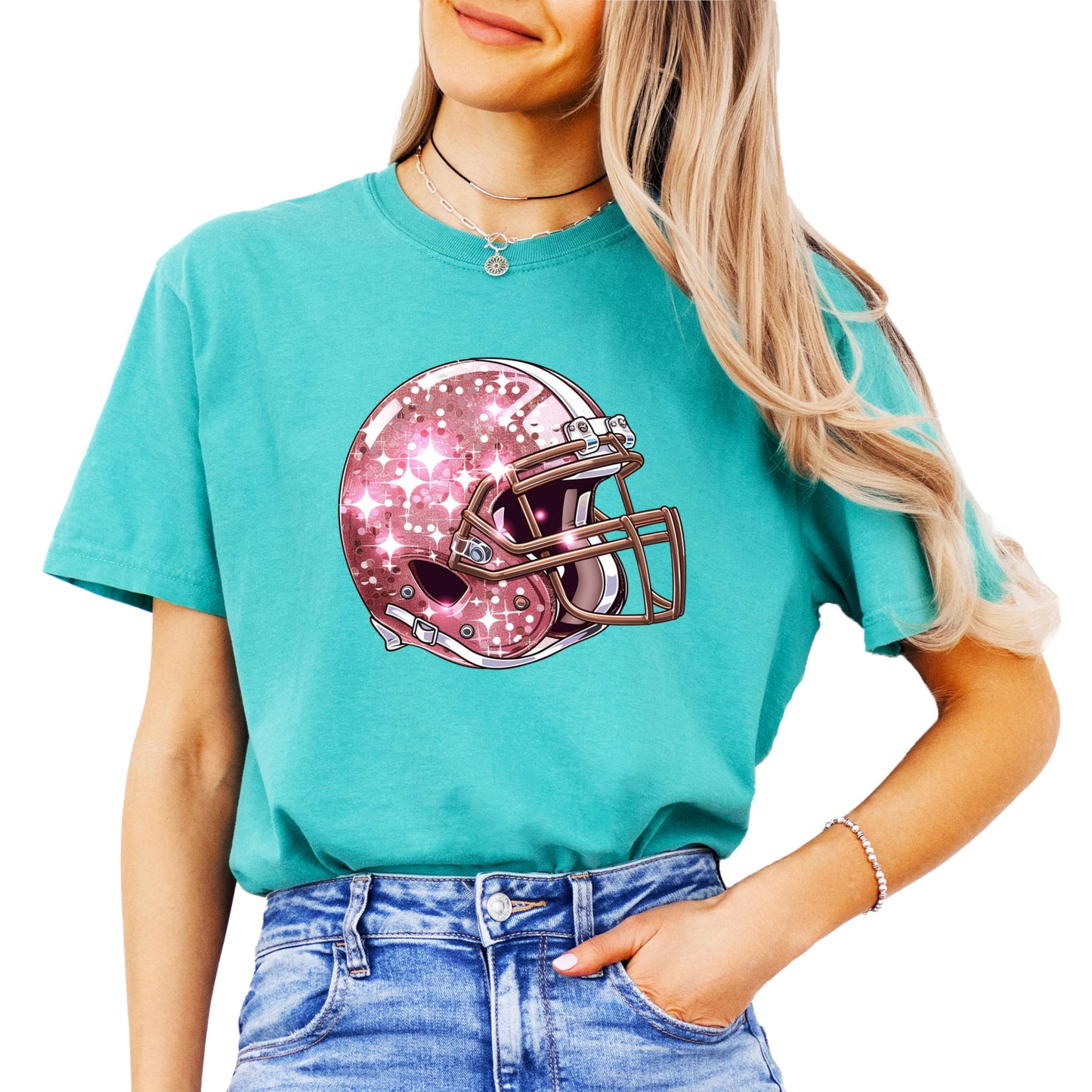Pink Football Helmet Faux Glitter Shirt for Women and Teens Girly Football Fan Oversized Tee