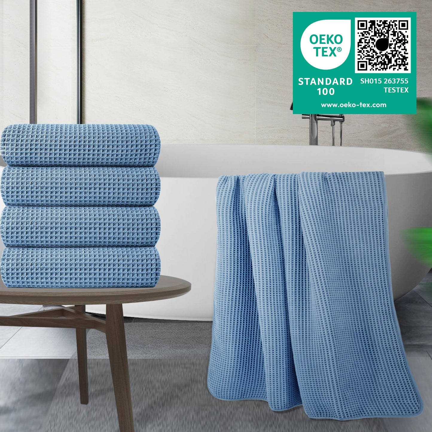 POLYTE 430 GSM Microfiber Oversize Quick Dry Lint Free Bath Towel, 60 x 30 in, 4 Pack (Waffle Weave)
