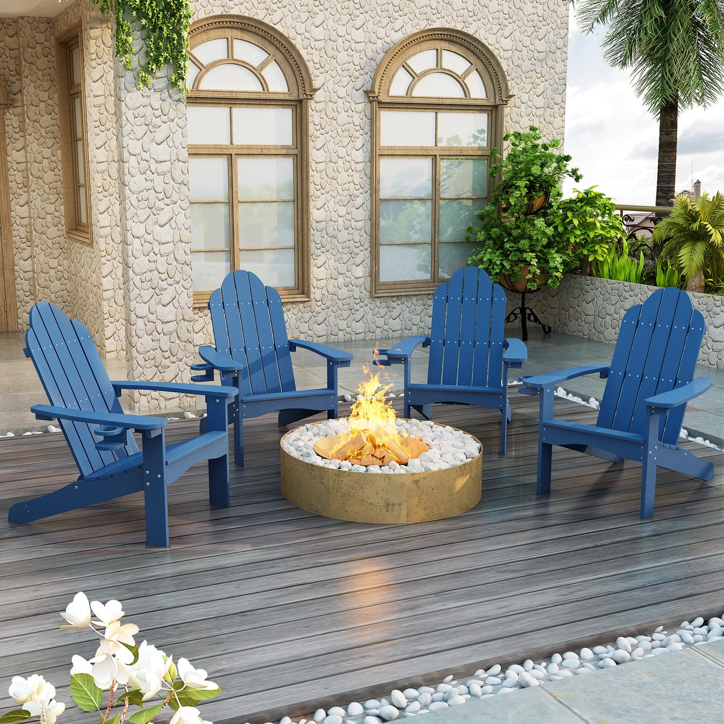 LUE BONA HDPS Adirondack Chairs Set, Fire Pit Outdoor Chair Weather Resistant with Cup Holder, Modern Plastic Chair Plastic for Patio, Deck, Proch, 350LBS, 4 Set, Dark Brown