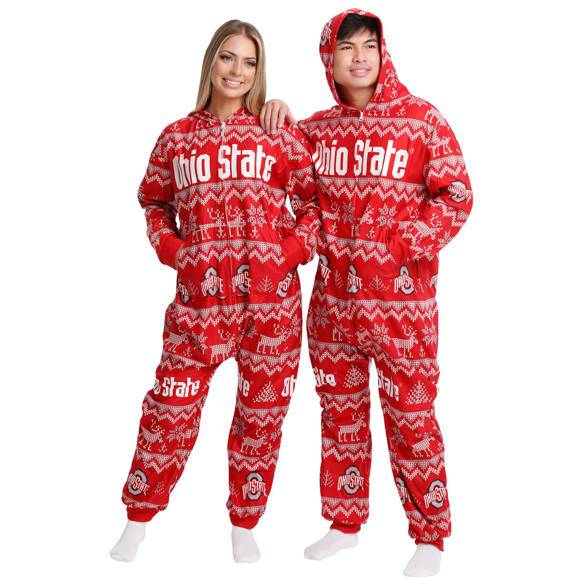 FOCO Unisex NCAA College Team Ugly Pattern Matching Holiday Pajamas One Piece Onesie