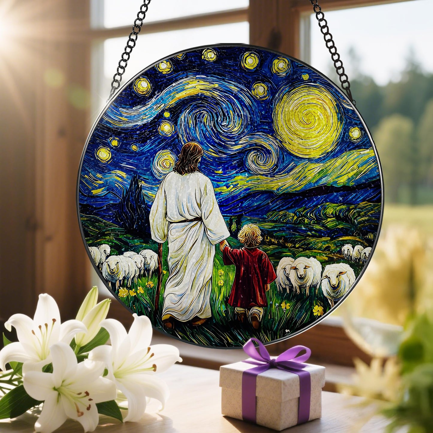 8-Inch Jesus with Cardinals Suncatcher Ornament, Stained Glass Window Hanging & Religious Christmas Ornament, Christian Window Decor — Memorial Gift, Christian Gifts for Her, Religious Gifts