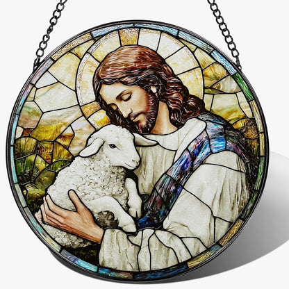 8-Inch Jesus with Cardinals Suncatcher Ornament, Stained Glass Window Hanging & Religious Christmas Ornament, Christian Window Decor — Memorial Gift, Christian Gifts for Her, Religious Gifts