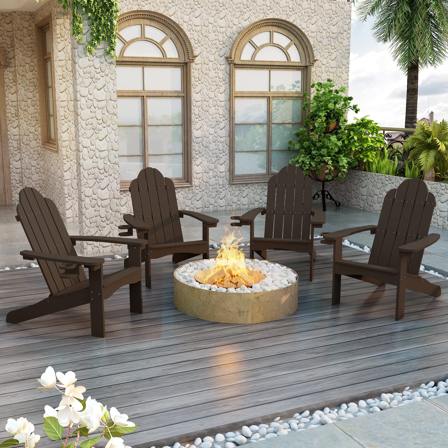 LUE BONA HDPS Adirondack Chairs Set, Fire Pit Outdoor Chair Weather Resistant with Cup Holder, Modern Plastic Chair Plastic for Patio, Deck, Proch, 350LBS, 4 Set, Dark Brown