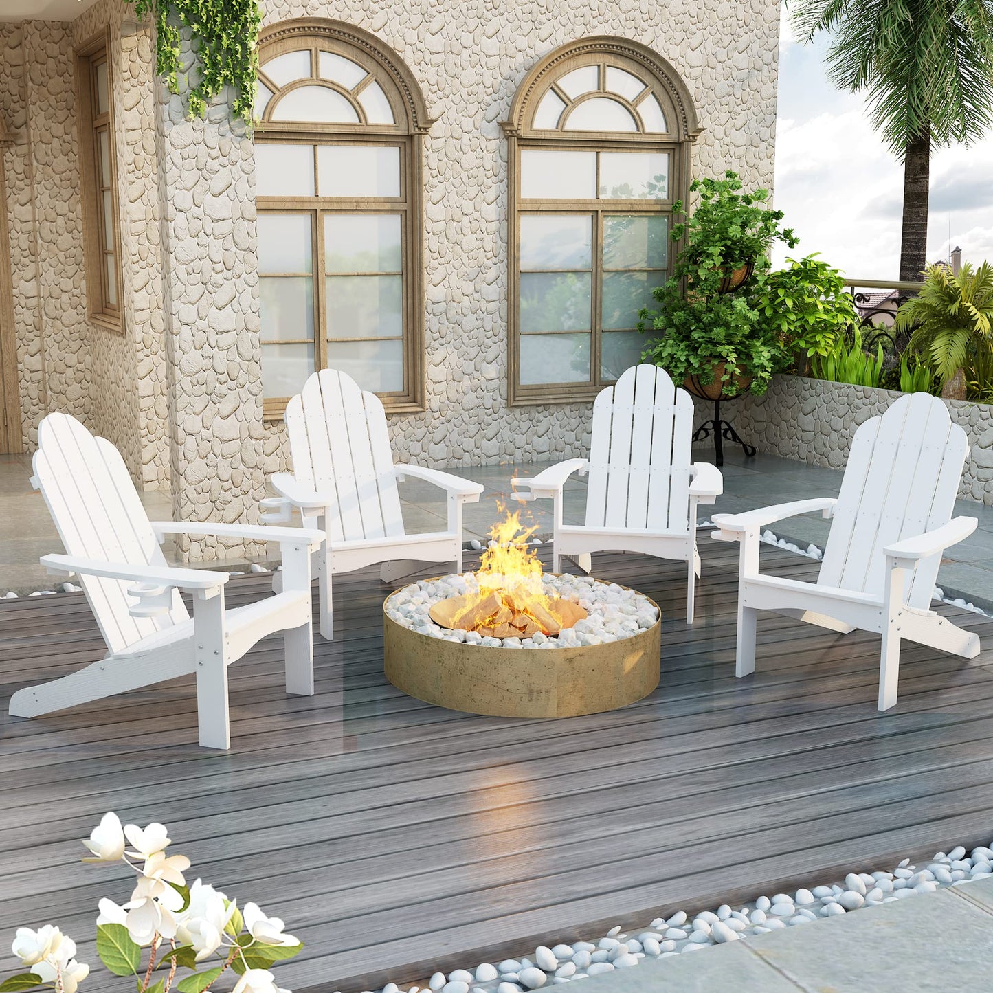 LUE BONA HDPS Adirondack Chairs Set, Fire Pit Outdoor Chair Weather Resistant with Cup Holder, Modern Plastic Chair Plastic for Patio, Deck, Proch, 350LBS, 4 Set, Dark Brown