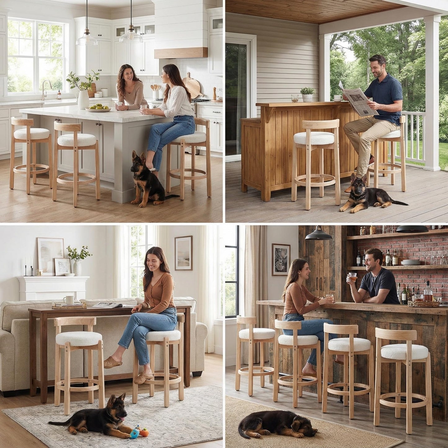 LukeAlon Mid Century Linen Counter Stools Set of 4, Upholstered 26.5” Seat Height Low Barstools with Natural Wood Legs Round Low Back Kitchen Stools with Footrest for Dining Room, Beige