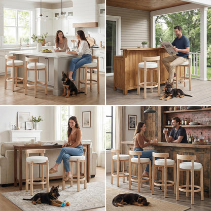 LukeAlon Mid Century Linen Counter Stools Set of 4, Upholstered 26.5” Seat Height Low Barstools with Natural Wood Legs Round Low Back Kitchen Stools with Footrest for Dining Room, Beige