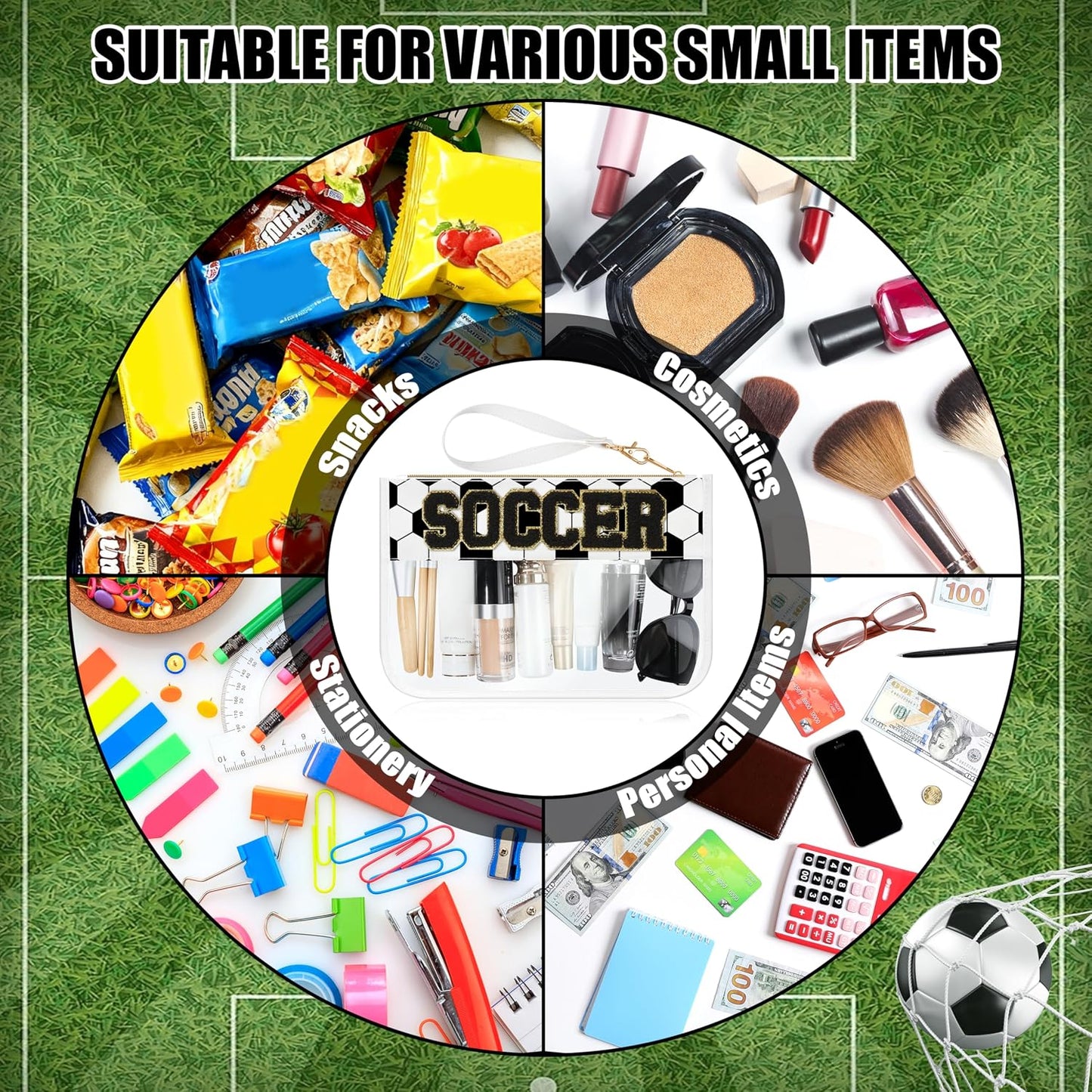 BuyCard Soccer Gift Makeup Bag with Chenille Letter Patch, Clear Cosmetic Pouch PVC Organizer Purse, Waterproof Travel Bag, Portable Toiletry Storage Bag for Her Friends