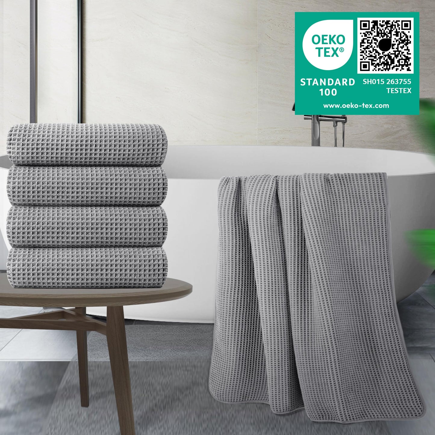POLYTE 430 GSM Microfiber Oversize Quick Dry Lint Free Bath Towel, 60 x 30 in, 4 Pack (Waffle Weave)