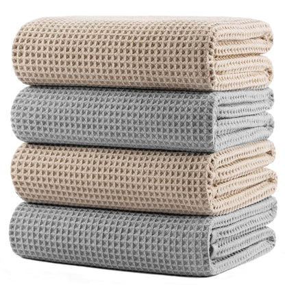 POLYTE 430 GSM Microfiber Oversize Quick Dry Lint Free Bath Towel, 60 x 30 in, 4 Pack (Waffle Weave)