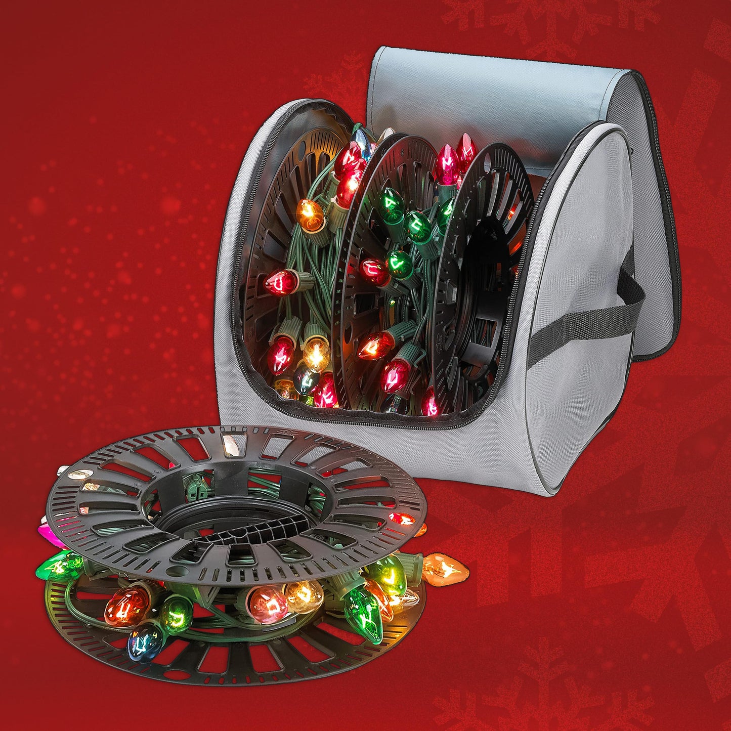 HOLDN’ STORAGE Premium Christmas Light Storage Bag – Heavy Duty Tear Proof 600D/Inside PVC Material with Reinforced Handles - 3 Reels Stores up to 375 Ft of Mini Tree Lights & Extension Cords Red