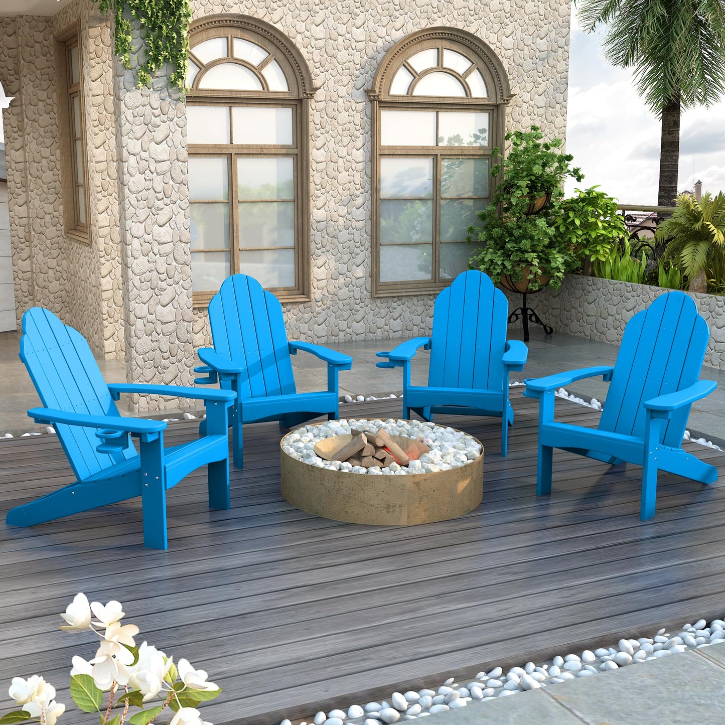 LUE BONA HDPS Adirondack Chairs Set, Fire Pit Outdoor Chair Weather Resistant with Cup Holder, Modern Plastic Chair Plastic for Patio, Deck, Proch, 350LBS, 4 Set, Dark Brown