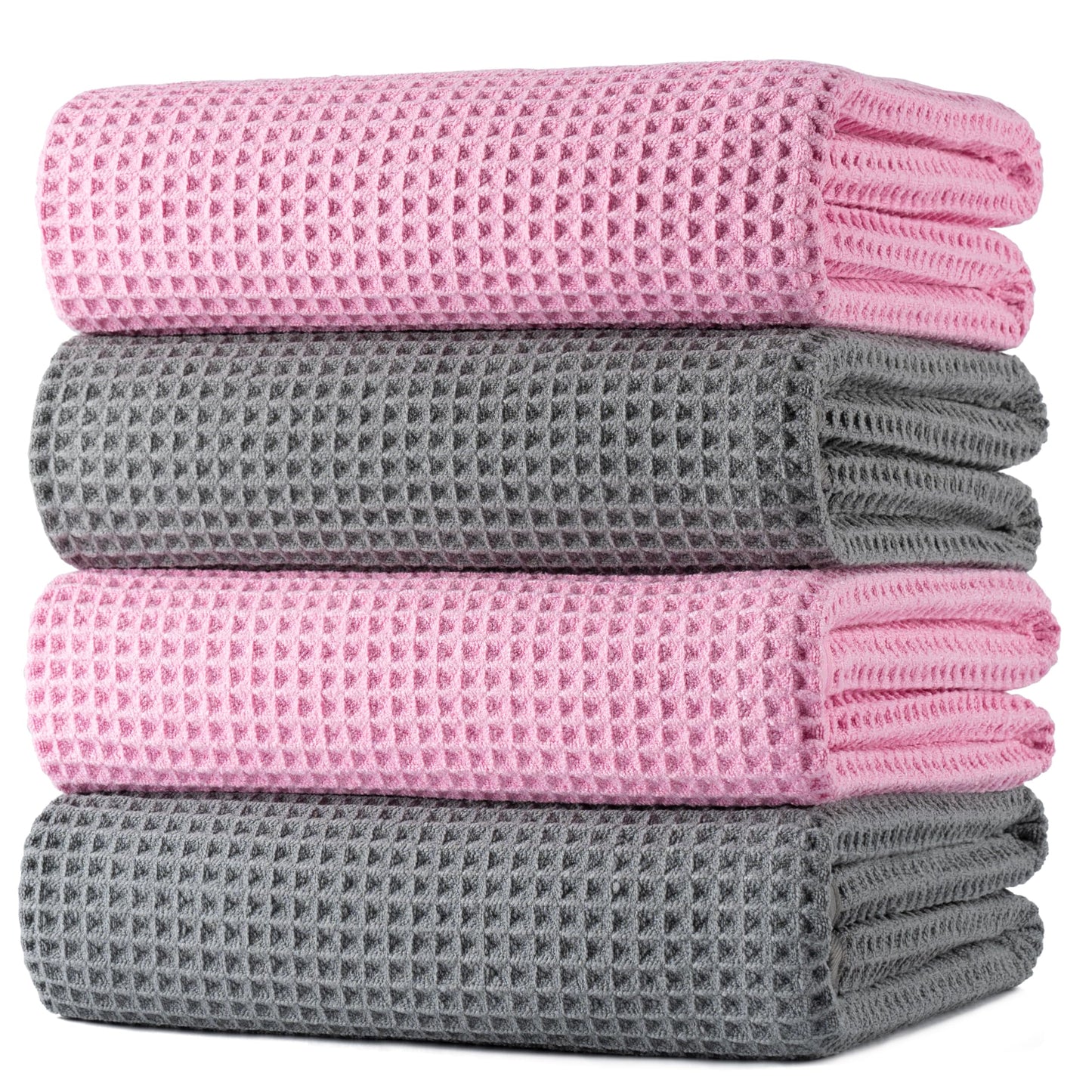 POLYTE 430 GSM Microfiber Oversize Quick Dry Lint Free Bath Towel, 60 x 30 in, 4 Pack (Waffle Weave)